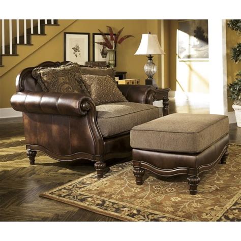Ashley Claremore Faux Leather Oversized Chair With Ottoman In Antique