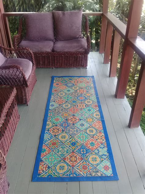 Hand Painted Tile Canvas Runner Rug Canvas Floor Cloth Blue Etsy Canada