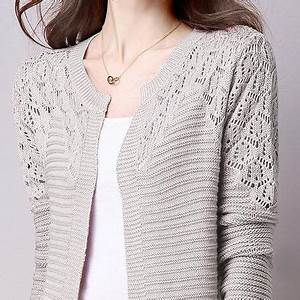Long Sleeve Crocheted H Line Plus Size Knitted Cardigan Popzora