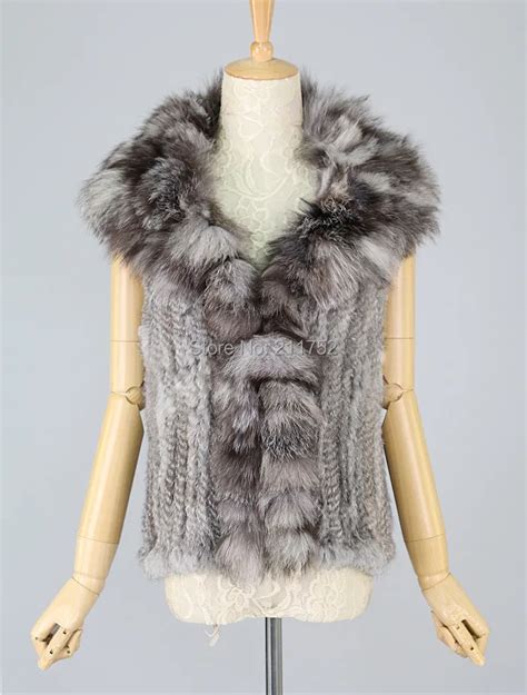 On Sale High Quality Natural Rabbit Fur Knitted Gilet Vests With Big Fox Fur Collar In Stock In