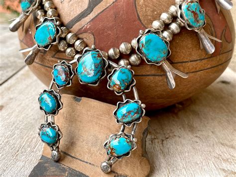 G Bisbee Turquoise Silver Navajo Squash Blossom Necklace Vintage