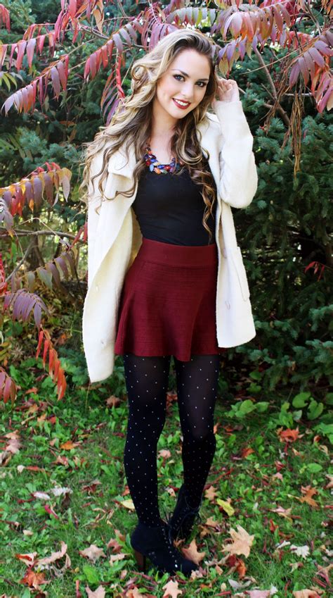 Fancy Fall Outfit Maroon Skirt Sweater Jacket Polka Dot Tights And Statement Necklace
