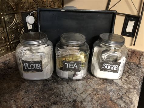 Also, in the same style, she made a can for storing pens and pencils on her desk. Flour tea sugar jars farmhouse style | Sugar jars, Mason ...