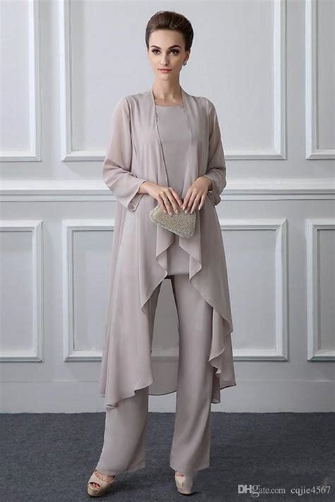 2018 New Plus Size Elegant Gray Chiffon Mother Of The Bride Pant Suit