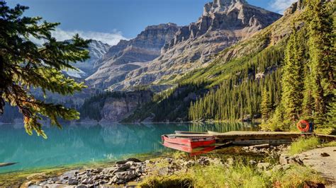 Lake Boat Mountains Landscape Water Trees Wallpapers