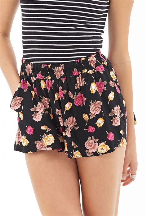 Forever 21 Floral Print Flowy Shorts In Black Lyst