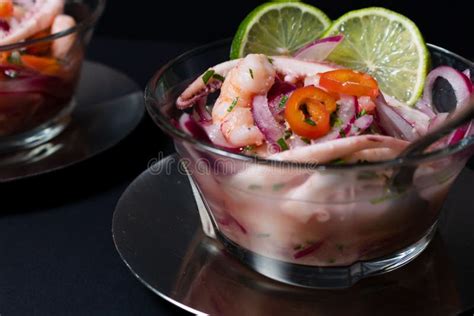 Typical Peruvian Food Ceviche With Squid Shrimp And White Fish With