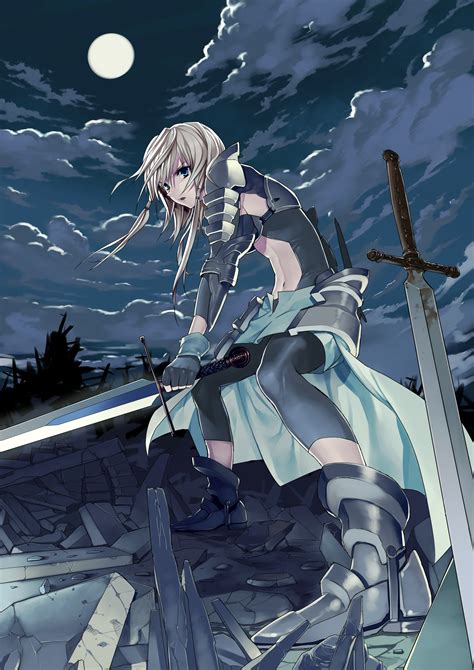 Wallpaper Fantasy Girl Blonde Night Long Hair Anime Girls Blue Eyes Weapon Moon Armor