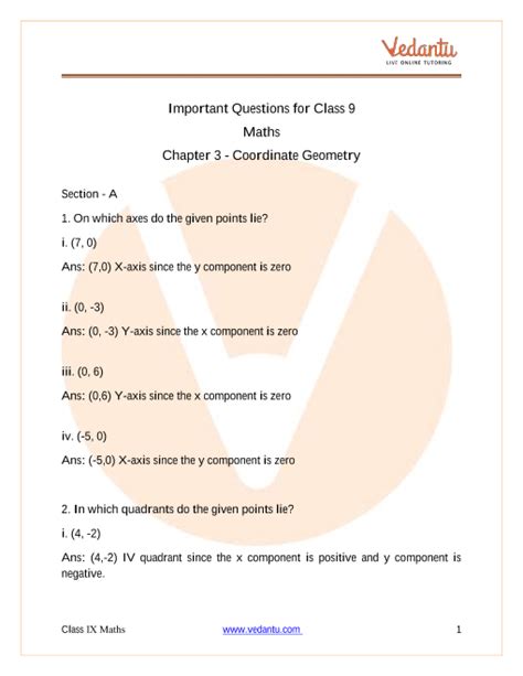 Important Questions For CBSE Class 9 Maths Chapter 3 Coordinate Geometry