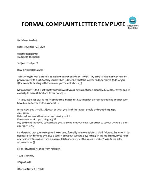 Formal Complaint Letter Against A Lawyer Or Law Firm Templates At