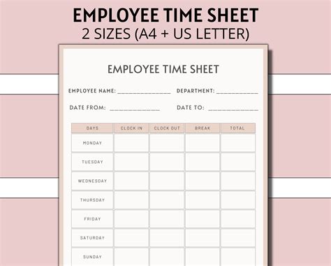 Printable Employee Time Sheet Editable Canva Digital Template Etsy Uk
