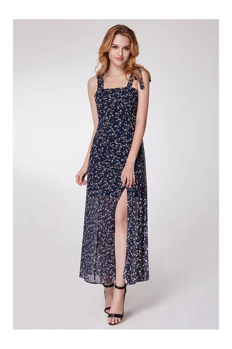 Maxi Navy Blue Flora Print Summer Casual Dress With Straps 64