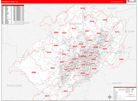 Jefferson County, AL Zip Code Wall Map Red Line Style by MarketMAPS