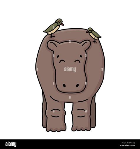 Brown Vector Outline Cartoon Gray Kid Hippo Stands On The Ground Eyes