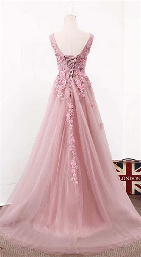 Elegant A Line V Neck Sleeveless Pink Tulle Long Prom Dress With Appliques P0977 On Luulla