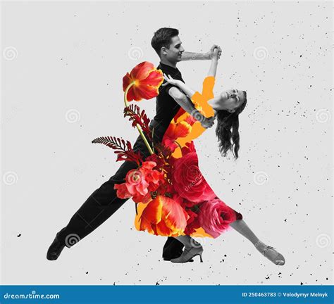 Young Dance Ballroom Couple Dancing In Sensual Pose On Light Background Contemporaryart Collage