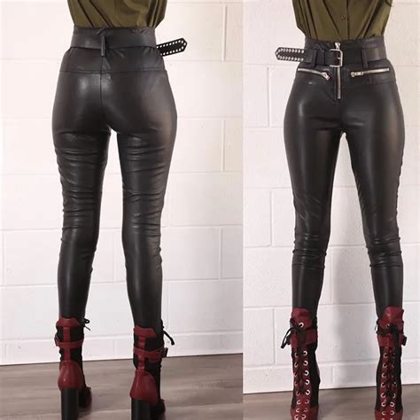 wkoud pu leather pants for women fashion high waist trousers with zip women s slim casual