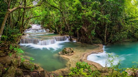 Waterfall Kanjanaburi Thailand River Jungle Forest C Wallpaper