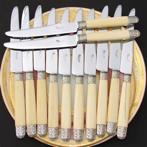 Antique French 24pc Silver And Carved Ivory Handled Table Knife Set Sta