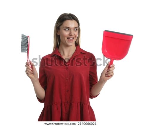 Young Woman Broom Dustpan On White Stock Photo 2140066021 Shutterstock