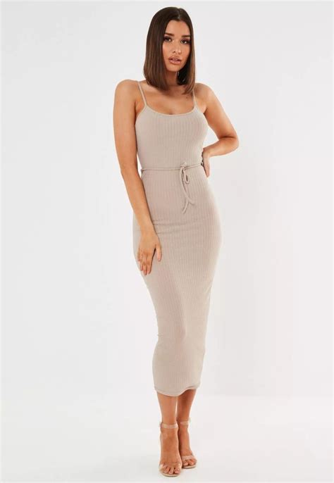Missguided Tall Beige Ribbed Tie Belted Cami Midaxi Dress Bandage
