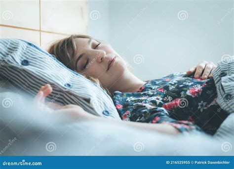 Restful Sleep Young Female Is Sleeping In Her Bed Close Up Stock