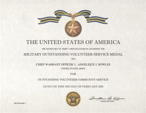 Outstanding Volunteer Service Medal Certificate