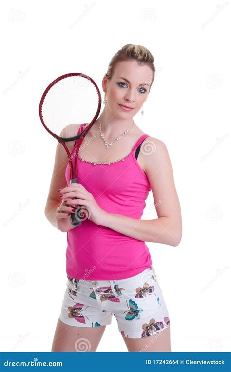 Mooi Meisje Met Tennisracket Op Wit Stock Foto Image Of Spel