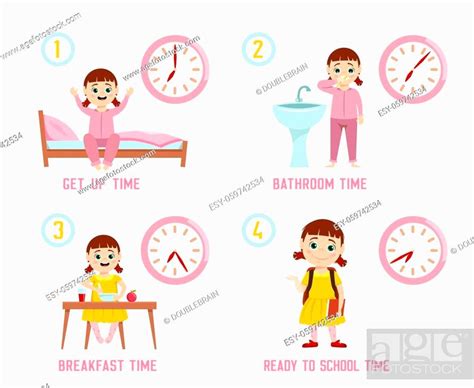 Girl Morning Routine Funny Character Every Day Schedule Stock Vector
