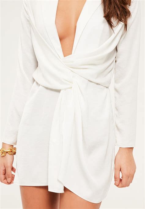 Missguided Petite Exclusive White Satin Wrap Mini Dress Lyst