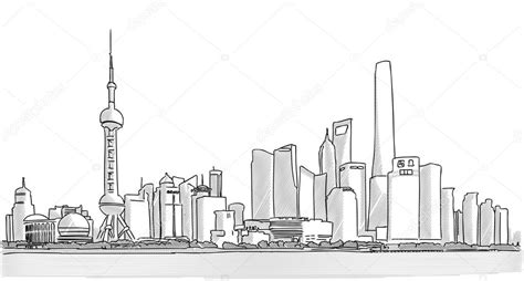 Shanghai Centre Ville Panorama Dessin à Main Levée Image Vectorielle