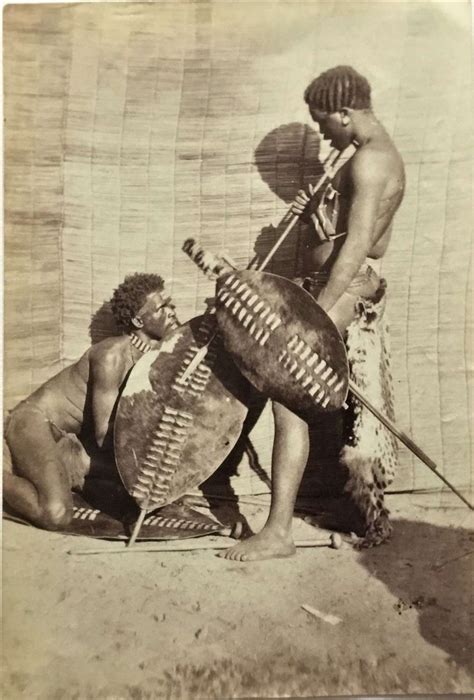Two Zulu Warriors Carry Shield And Spears South Africa C1870