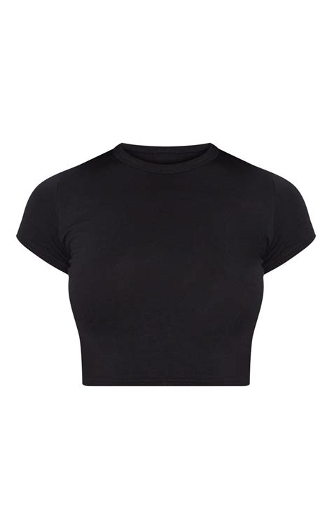 Basic Black Cotton Blend Short Sleeve Crop T Shirt Prettylittlething Ie