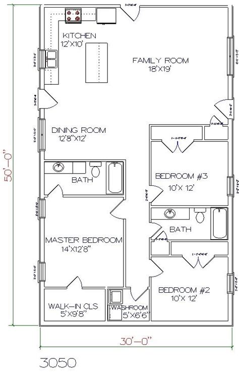 Barndominium Floor Plan 3 Bedroom 2 Bathroom 30x50 Barndominium Floor