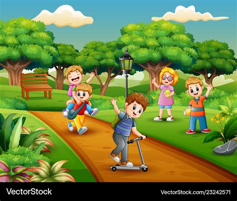 Cartoon Group Of Children Playing In The Park Vector Image