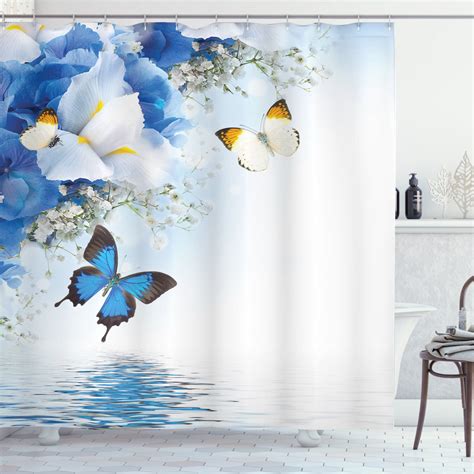 Blue White Wild Flowers Monarch Butterflies Shower Curtain Extra Long