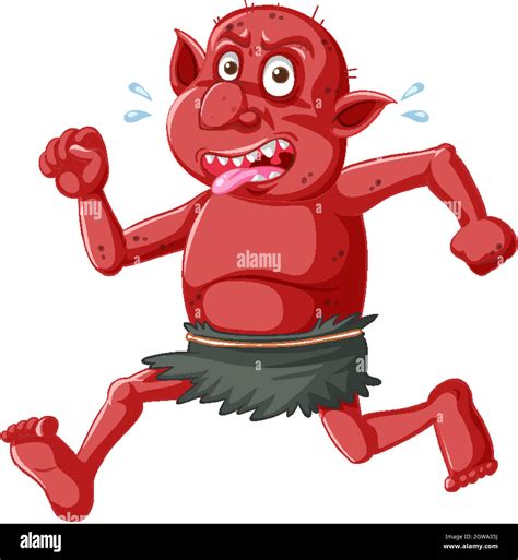 Red Goblin Or Troll Running Pose With Funny Face In Cartoon Character