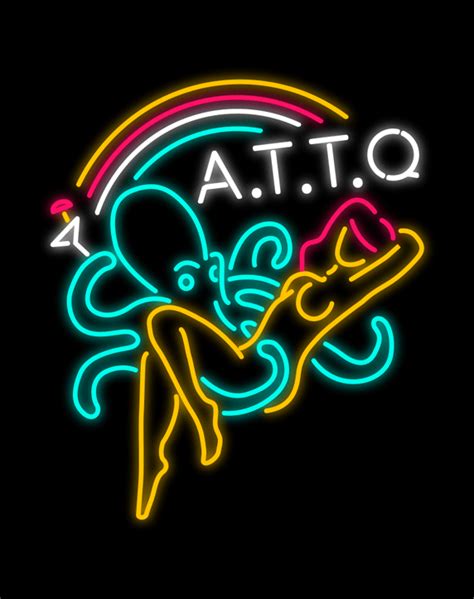 A Neon Sign That Says Ato With An Octopus Holding A Guitar In It S Hand