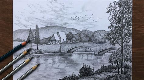 How To Draw And Shade A Scenery Drawing With Pencil Pencil Sketch