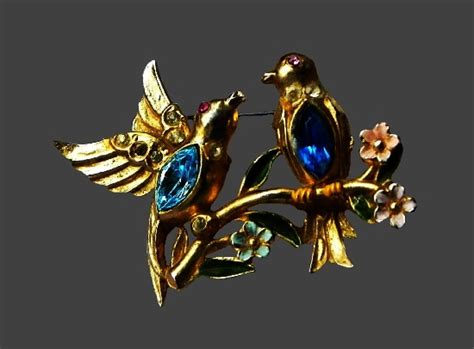 Birds On Branch Vintage Brooch Gold Tone Metal Alloy Rhinestones Enamel Cm S