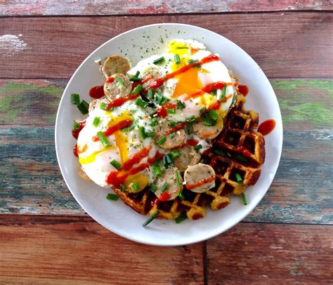 Paleo Savory Waffles With Fried Eggs And Hot Sauce
