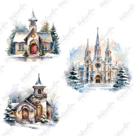 Holiday Christmas Churches Watercolor Png Bundle Christian Art Pngs For