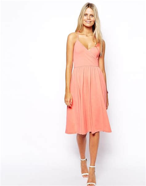 asos midi sundress with strappy back and wrap front in pink lyst