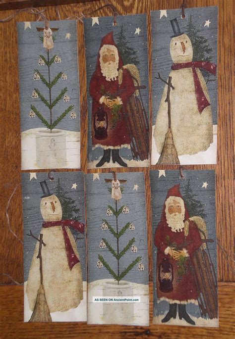 6 Folk Art Primitive Santa Claus Snowman Christmas Hang Tags T Tree