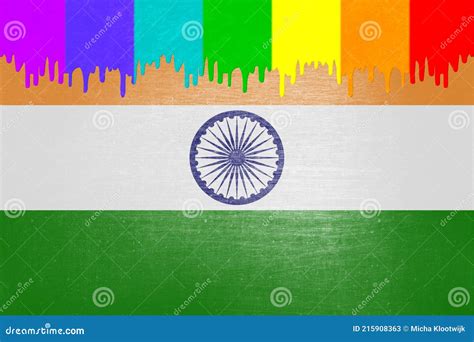 Paint Rainbow Flag Is Dripping Over The National Flag Of India Stock