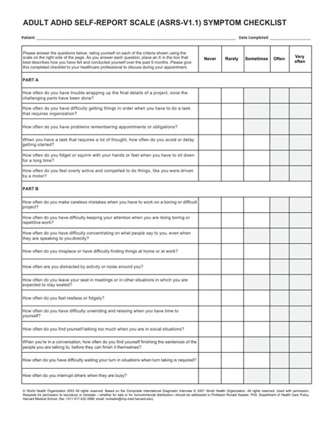 Adult Adhd Self Report Scale Asrs V11 Symptom Checklist Pdf