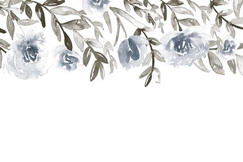 Watercolor Floral Border Printable Handpainted Flowers In Dusty Blue