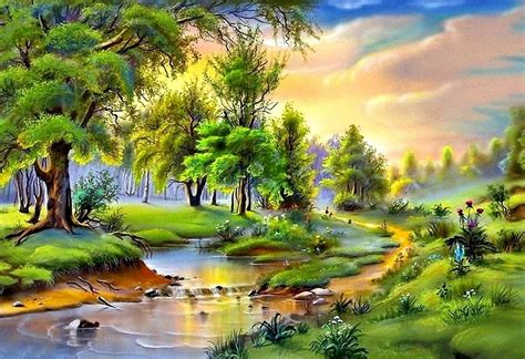A Painting Of A River Running Through A Lush Green Forest