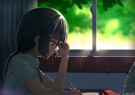 Wallpaper Anime Girl Studying Classroom Profile View Ponytail