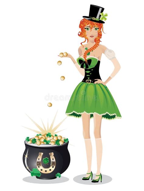 Leprechaun Girl With Pot Of Gold Stock Vector Illustration Of